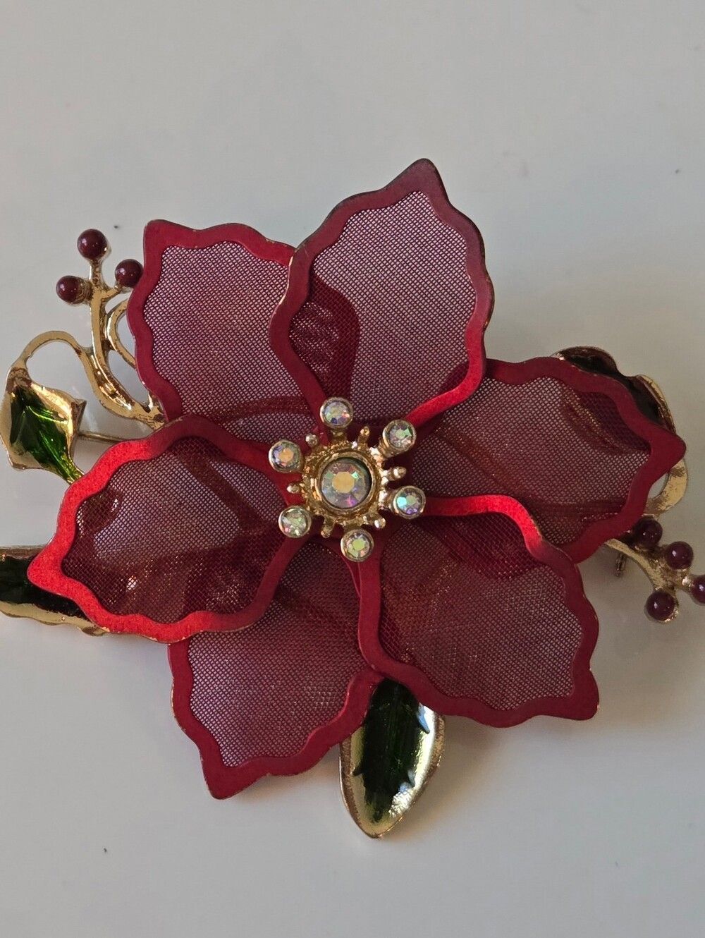 KENNETH COLE Red Floral Brooch with Rhinestone Center
